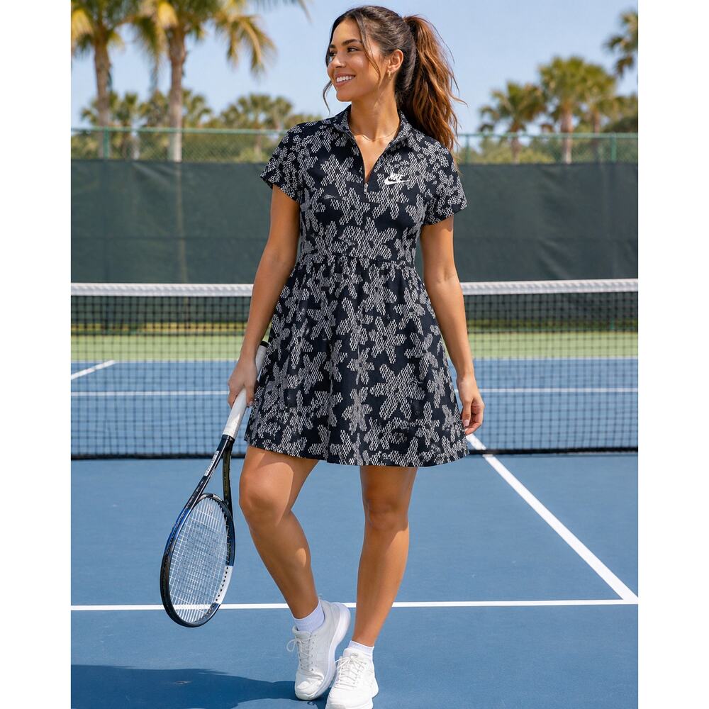 Nike Sportswear All Over Logo Print Tennis Dress Black White Size Large
